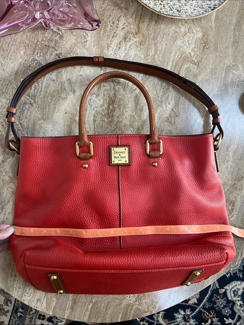 Dooney & Bourke Red Pebbled Leather Satchel with Brown Trim - Picture 9 of 12